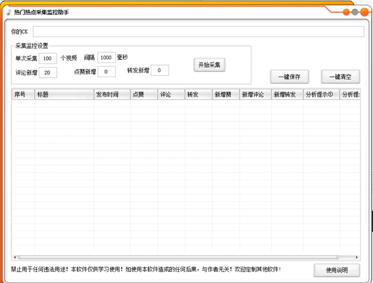 蓝波万热门热点采集监控助手V1.4主界面，支持CK填入、单次采集数量设置、间隔时间控制及点赞评论转发增量监控