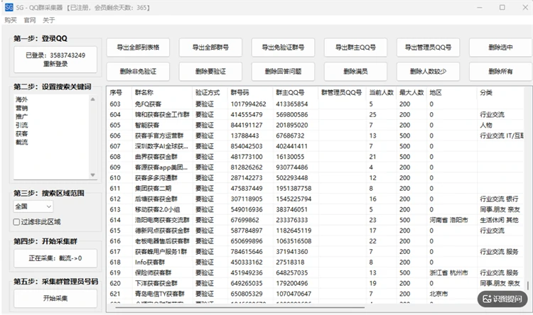 SG-QQ群采集器输入关键词设置城市验证方式采集QQ群界面